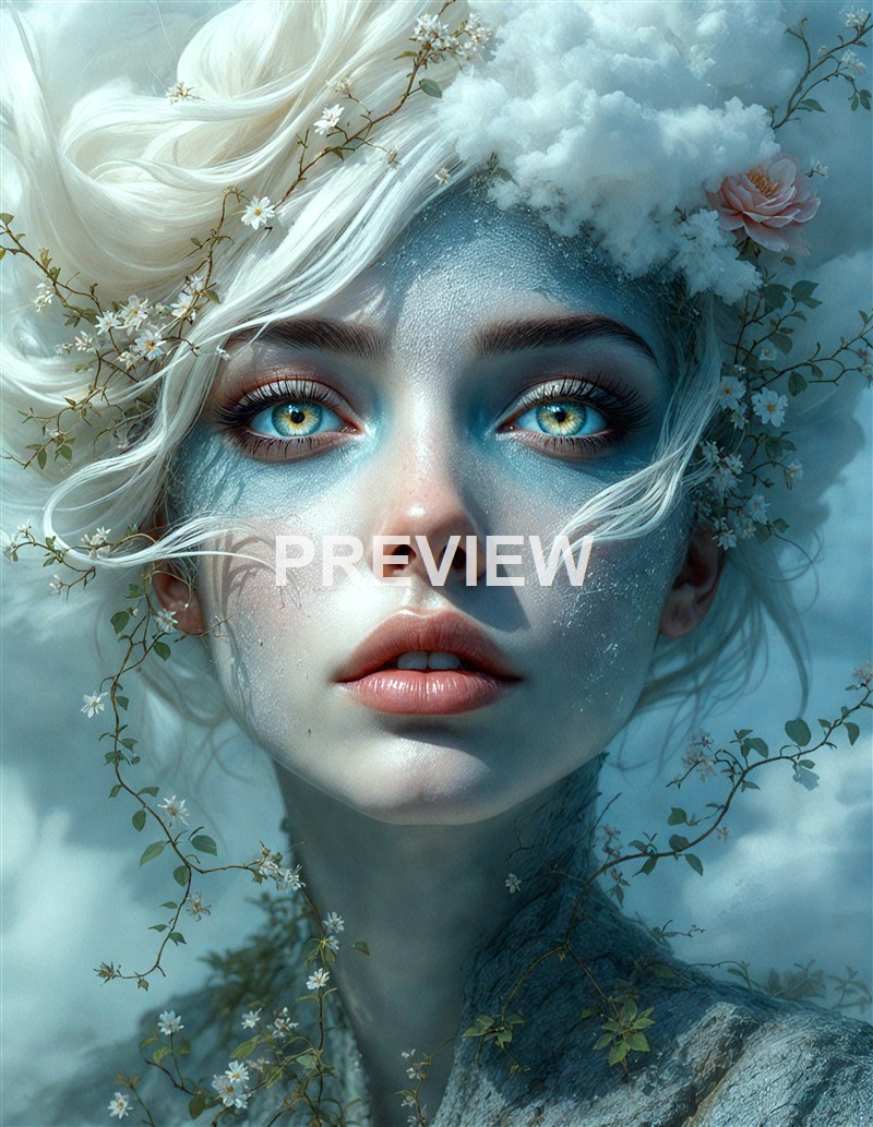 A close-up of a woman's face with striking blue eyes, pale skin with glittery makeup, long flowing white hair, and floral elements blending into her hair and surroundings, creating a surreal, ethereal atmosphere.